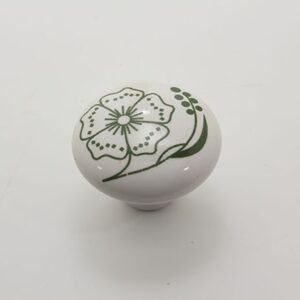 Stor Flot Porcelænsknop med grøn blomst Håndmalet hvid porcelænsknop Laila Design Udsalg